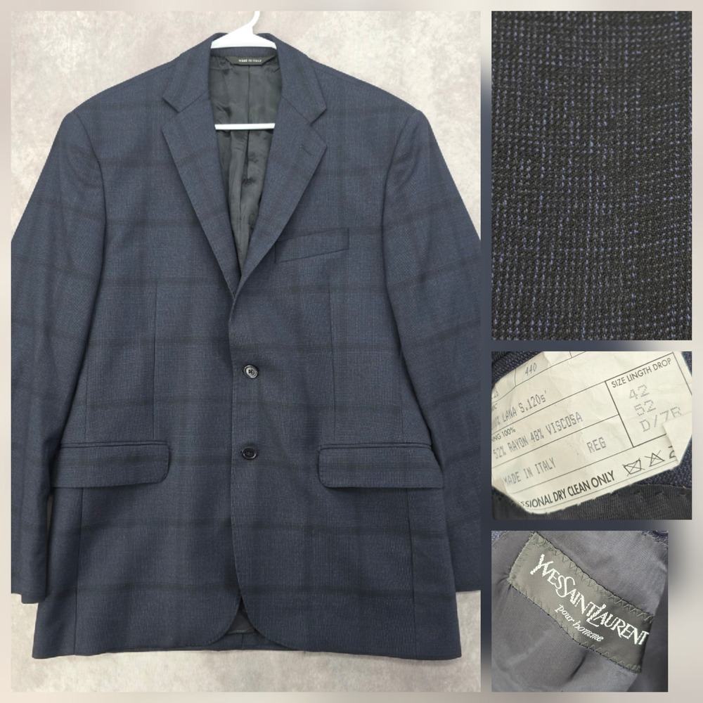 Yves Saint Laurent Pour Homme Navy Plaid Wool Blazer Italy 42R Super 120s